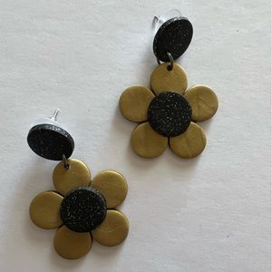 Gold Sparkle Black Daisy Handmade Polymer Clay Statement Dangle Earrings